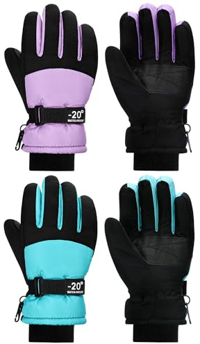SATINIOR 2 Pairs Waterproof Kids Winter Snow Gloves Ski Gloves for Boy Girl Outdoor Warm Thickening Snowboard Gloves for Cold Weather