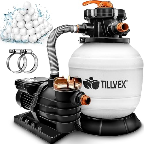 tillvex Pompa Filtro Piscina Portata 10 m³/h con 800g Filtro Balls - 7 funzioni di filtrazione - Filtro per piscina con indicatore di pressione - Impianto di filtrazione a sabbia per piscine e vasche