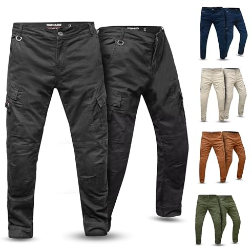 Tornado Mens AA Rated Motorcycle Cargo Trousers - CE Level 2 Armoured & Fully Aramid Lined | Protective Twill Cotton Motorbike Pants for Men Black