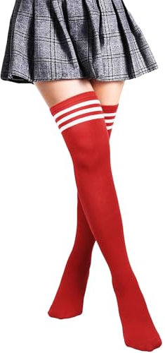 PROPOG Overknees Strümpfe Damen, Rote Kniestrümpfe Fußball Sport Socken Strümpfe Kniestrümpfe Cosplay Warme Lange Socken College Cheerleader Kostüm Damen Mädchen