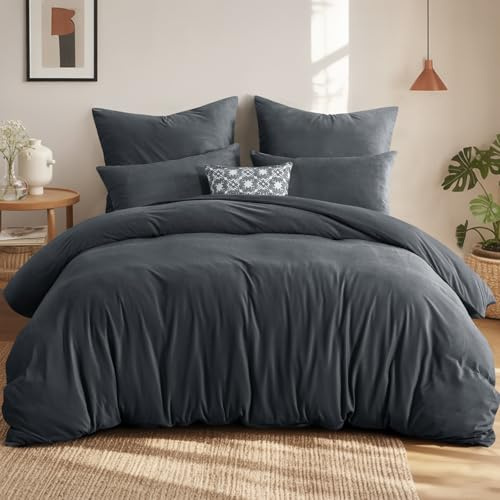 Aisbo Vinterplysch sängkläder 220 x 200 3 delar grå – fluffigt varmt påslakan och 2 örngott 80 x 80 cm, teddy fleece sammet kashmir touch vintersängkläder med dragkedja