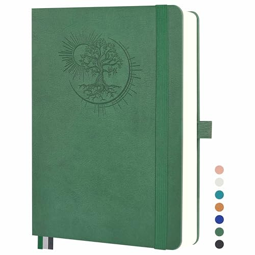 Mlife A5 Notebook med Tree of Life Design – 360 sidor, 100 g papper, PU-omslag, resårband, pennhållare, 3 bokmärken – Perfekt för arbete, studier och present (Mörkgrön)