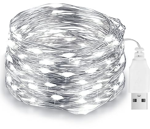 Flaspar Catena luminosa a LED con USB, 10 m, 100 LED, filo di rame, con spina, IP65, impermeabile, per fai da te, matrimoni, feste, camera da letto, terrazza, Natale (bianco freddo)