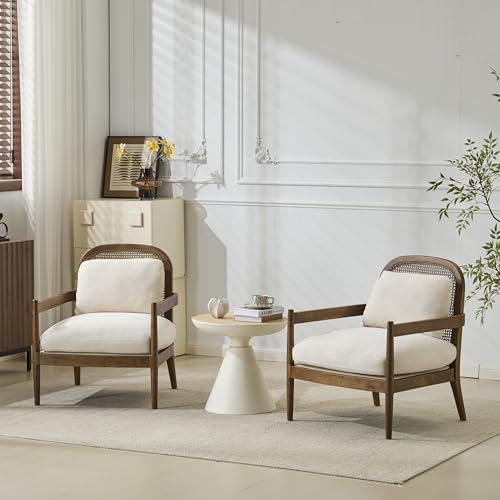Merax Mid-Century Solid Wood Accent Chair with Rattan Backrest & Cushion, Comfy Modern Reading Armchairs for Bedroom, Living Room, Set of 2 Beige+Light Brown