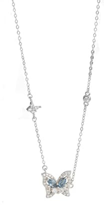 AMDXD Au 375/585/750 - Collar de oro blanco para mujer, joya de estilo Art Nouveau, colgante de mariposa con topacio marquesa azul, cadena para mujer con moissanita, oro blanco 9 K/14 K/18 K, 40 + 5