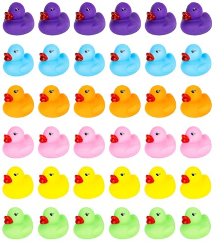 36 Rubber Duck, anatra da bagno in gomma, giocattolo da bagno colorato per bambini, 6 colori giallo, arancione, rosa, blu, verde, viola, 3,55 x 3,75 x 3,1 cm, set di anatre in gomma