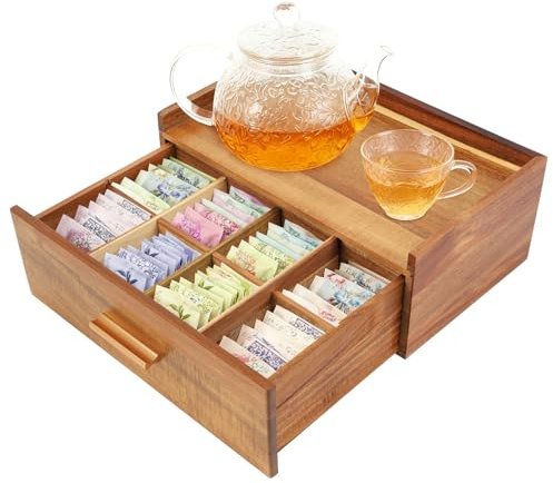 Les-Theresa Tea Bag Storage Wooden, Tea Box Organiser 8 Compartment Teabag Storage Drawers, Tea Station Organizer with Drawer Tea Caddy Box, Teabag Holder Container Boxes for Countertop