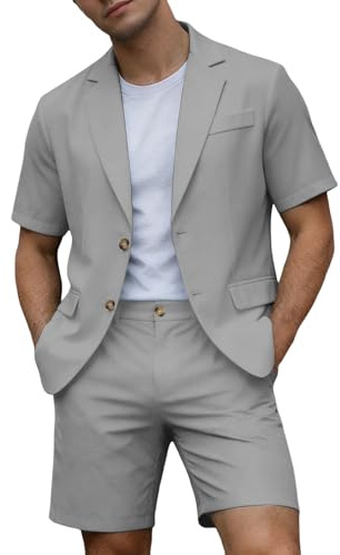 RAOKENSU Tenue d'été pour homme - Couleur unie - Fin - Manches courtes - Revers - Veste et short confortable - 2 pièces - Blazer sportif décontracté - Jambes droites - Pantalon court