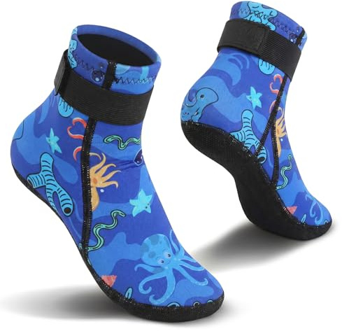 Bcuuozeeing Calzini da nuoto in neoprene per ragazze e ragazzi, calze subacquee per sport acquatici, scarpe antiscivolo, scarpe da surf, piscina, vacanze indispensabili, Blu (27-30), Taglia unica
