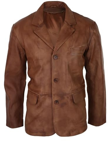 Mens Real Leather Jacket Tan Brown Smart Casual Classic Blazer Retro Vintage