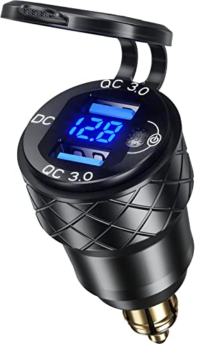 Kewig Aluminum DIN Plug Charger Motorcycle Dual Quick 3.0 USB Charger Power Adapter with LED Display Waterproof for 12V-24V BMW Ducati Triumph DIN Socket