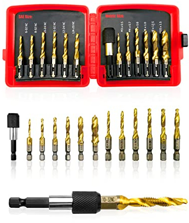 13 Pcs Titanium Combination Drill and Tap Bits Set, SAE/Metric Thread Tap Drill Bits Set for Drilling Deburring Tapping Countersinking, 3-in-1 Bit Tool with Quick Change Adapter