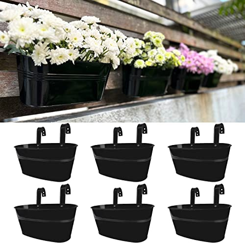 LaLaGreen Rail Planter Outdoor Plants (6 Pack, 9.8 Inch) Small and Cute Black Metal Iron Hanging Flower Pot Deck Railing Fence Buckets Countryside Style Window Box Plant Holder Hooks Porch Decor