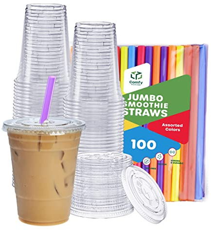 Comfy Package [16 oz. - Case of 400 Plastic Cups With Flat Lids & Jumbo Smoothie Straws