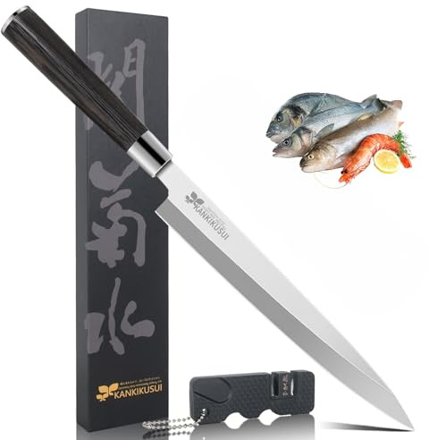 KANKIKUSUI Sashimi Knife, 9.3 Sushi Knife Set with Sharpener/Gift Box, HC70cr17mov Yanagiba Knife