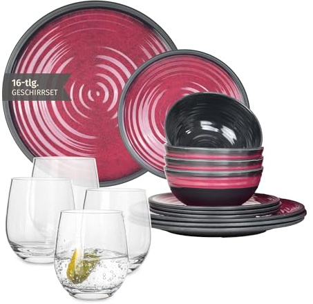 Melamin campingservis set för 4 personer röd + 4 tiamo-glas vattenglas porslin picknick BBQ köksredskap
