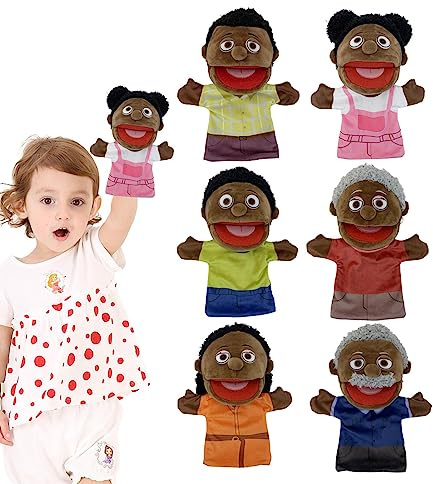 SKUDA Marionetas Mano, 6 Marionetas Negras para el hogar la Escuela, Marioneta Miembros la Familia 28 cm con Boca móvil, hogar Escolar, Teatro, Suministros para el Aula