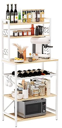 YMYNY Köksbagarställ, mikrovågsstativ med förvaringshyllor, industriell kaffebarstation, med justerbara vinhållare och 12 S-krokar, metallram, naturlig och vit, 58 × 39 × 144 cm HBR003R