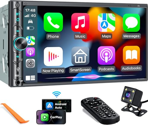 Upgrade Wireless Double Din Car Stereo with Carplay, Android Auto, Bluetooth, 4-Channel RCA, High Power, 2 Subwoofer Ports, 7 HD Capacitive Touchscreen Car Radio, Backup Camera, Audio Receiver