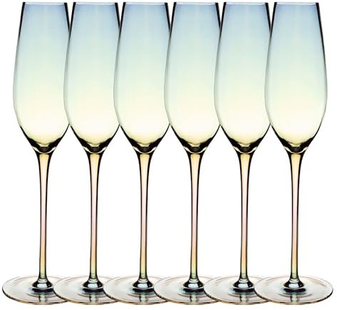 Intirilife 6xVerre à Champagne avec Reflets Arc-en-ciel et Forme Ondulée - 200 ml de Capacité - Verre à Prosecco et Mousseux Résistant aux Chocs et Lavable au Lave-vaisselle en Cristal