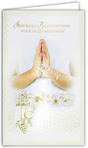 Afie 19-645 Carte Porte-Billet avec Enveloppe Sincères Félicitations Communion Fille Mains Jointes en Prière Chapelet Croix Chrétienne Catholique Sainte Vierge Marie Fleurs Marguerites Blanches
