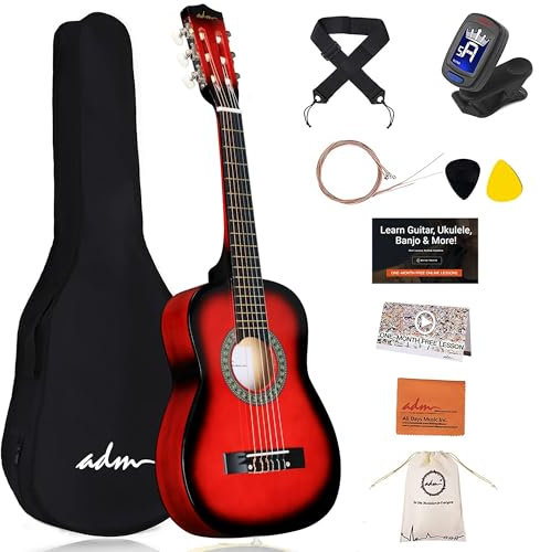 ADM 1/4 Kinder Konzertgitarren-Set, 76,2 cm, Junior-Gitarren-Set für Anfänger mit Gigbag, Stimmgerät, Gurt, Plektren, extra Saiten, Aufbewahrungstasche und Reinigungstuch (rot)