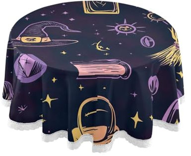 JUMBEAR Mantel redondo de poliéster con sombrero de bruja y escoba, hermoso mantel circular de poliéster, resistente al agua, a prueba de derrames, para comedor, cocina, fiesta, 60 pulgadas