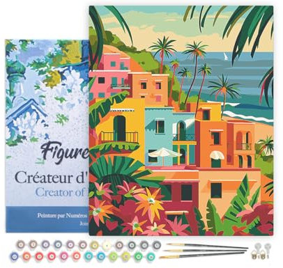 Figured'Art Peinture par Numéro Adulte avec Cadre Ville côtière marocaine - Activité Manuelle Kit de Loisir Créatif DIY Numéro d'Art Complet - 40x50cm toile tendue sur châssis