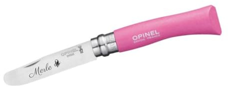 Opinel Mein erstes Taschenmesser mit Holzgriff Kinder Schnitzmesser persönliche Gravur | vorne abgerundete Spitze | rostfrei | Virobloc | Geschenk (rosa)