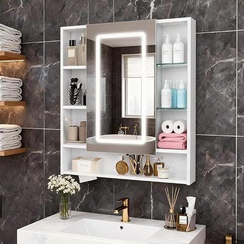 YU YUSING Armario de Baño con Espejo LED Regulable, 72x80x13 cm, Armario Espejo Baño con 9 Estantes y 1 Puerta, Mueble Lavabo, 3 Temperaturas Color Regulables, Mueble de Pared, Blanco