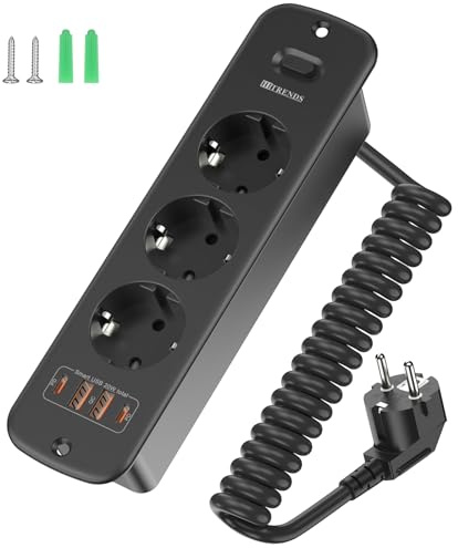 Sänkbart 3-vägs uttag med 4 USB (2 × USB-A 2 × USB-C) och strömbrytare, inbyggt uttag för bordsskiva med 2 m spiralkabel, 4 000 W/16 A, för kontor, hemmakontor och kök – svart