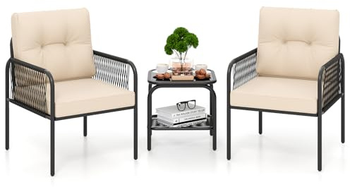 COSTWAY Ensemble de Meubles 3 Pièces de Patio en Rotin PE, Salon de Jardin 2 Fauteuils Table Basse en Verre Trempé avec Coussins de Dossier et d'Assise, pour Jardin Balcon, Beige