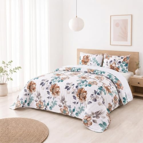 BESCH Colcha Boutis para Primavera y Verano con Diseño Flores + 2 Funda Cojin 50x70 cm - Cubrecama Ligera Fina Entretiempo Extra Suave y Transpirable (Cama 135, 220x260cm)