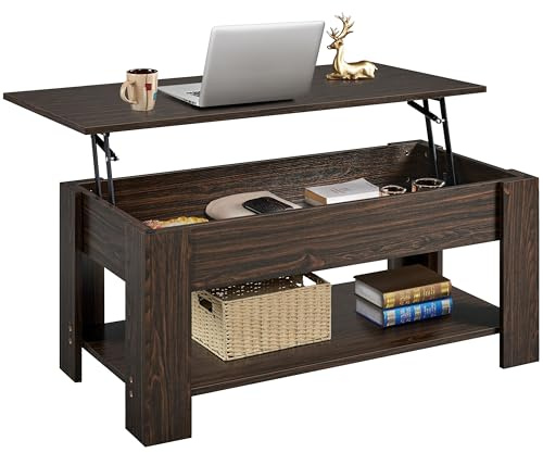 Yaheetech Couchtisch Höhenverstellbarer Kaffeetisch mit verstecktem Stauraum und Platte Sofatisch Wohnzimmertisch aus Holz Beistelltisch für Wohnzimmer/Büro, Espresso