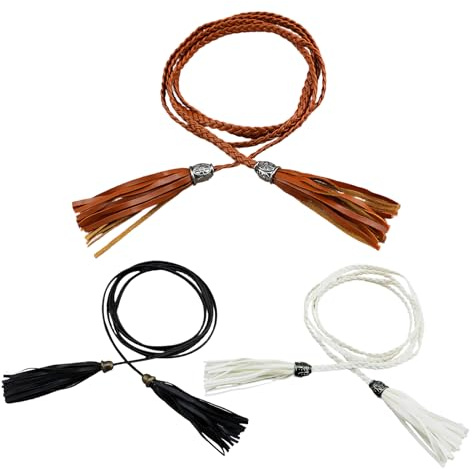 Vidsmow 3PCS Brown Rope Belt Skinny Tassel Belts Women's Belts,Braided PU Leather Adjustable Waist Belt for Dresses,Thin Woven Fashion Belt with Solid Colour Boho Style for Ladies and Girls