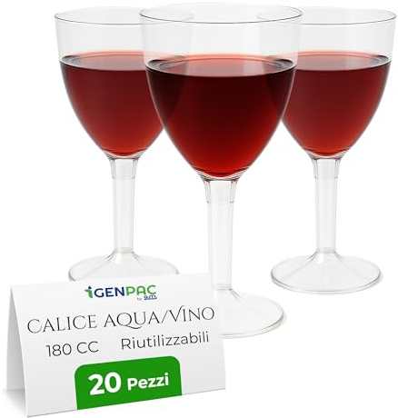 G.M. DISTRIBUZIONE 20 Calici 180cc Plastica Rigida Trasparente Vino Acqua - Base Staccabile, Riutilizzabili, Lavabili, Made in Italy, BPA Free - Bicchieri Feste, Catering, Party