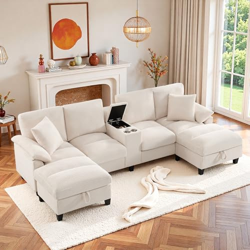 Wyibwy Divano ergonomia modulare a U,divano a 4 posti con 2 portabicchieri e 2 porte USB,divano angolare a U,divani componibile con 2 vani portaoggetti,divano imbottito 4 posti,velluto a coste(Beige)