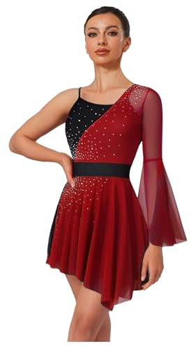 Freebily Vestido Brillante De Patinaje Artístico Para Mujer Leotardo Ballet Manga Acampanada Maillot Gimnasia Ritmica Vestido De Baile Lírica Rojo L