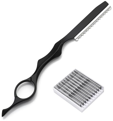 JYSNOW Navaja de Afeitar, Cuchillo para Adelgazar el Cabello, Cuchilla de Afeitar de Peinado con 10 Navajas de Repuesto, Navaja Peluqueria Profesional, para Uso de Salón Casa (Negro)