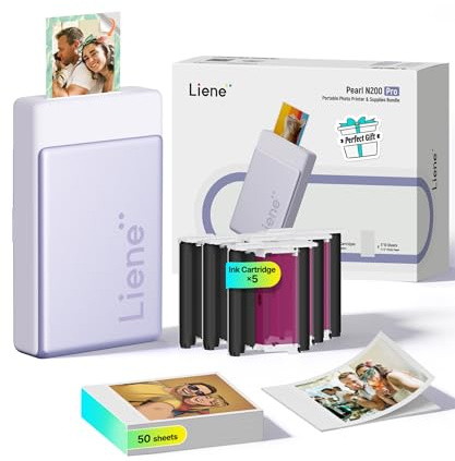 Liene Pearl N200 Pro Portable Mini Photo Printer, Dye-Sublimation, with 50 Adhesive Photo Papers & 5 Slot-in Dye Cartridges, Bluetooth, for iOS/Android, Battery, Purple