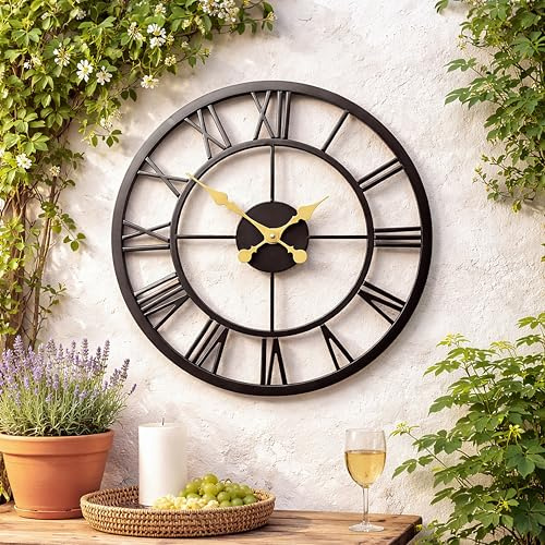 Garden Mile Large 50cm Skeleton Wall Clock – Metal Roman Numeral Open Face Design, Black Vintage Industrial Wall Clock with Gold Hands, Battery Operated, Easy Hang Hook for Home and Outdoor Décor