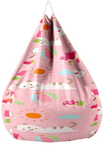 Hiseng 3D Funda de puf, Sillón de Pera sin Relleno,Sofa Puff Gaming Salon Funda Moderno Sin Relleno, Bean Bag con Asa para Salón, Dormitorio y Sala de Juegos (Gato Rosa,90x110cm)