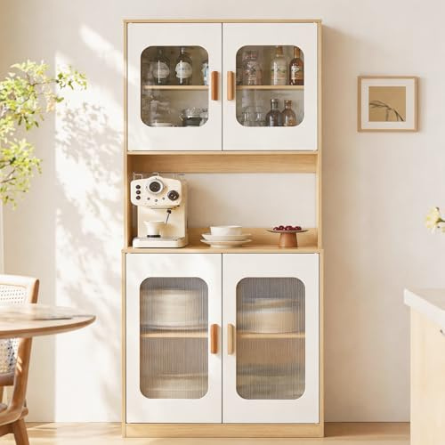 SHARPDO Buffet Cuisine Haut 180 cm, Meuble de Rangement Cuisine Blanc et Bois, Armoire de Cuisine avec Porte Transparente, Plateau pour Micro-Ondes, Placard Fermé