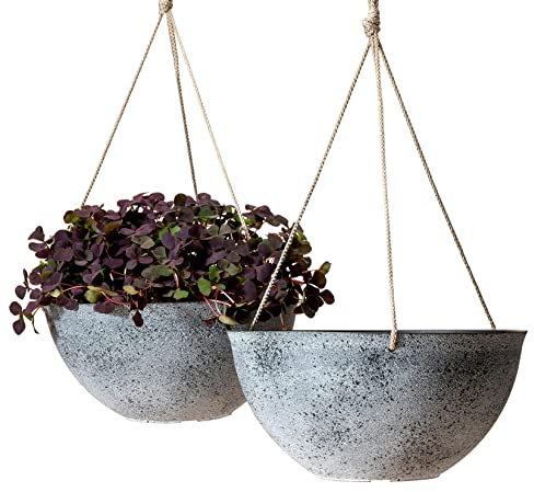 LA JOLIE MUSE Large Hanging Planters for Outdoor Plants - 13 Inch Hanging Flower Pots with Drainage Holes, Set of 2, Rock Grey