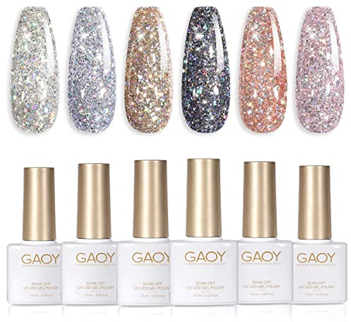 GAOY Chrom-Platin-Glitzer-Nagellack-Set, 6 Farben, einschließlich funkelnder, glänzender UV-LED-Soak-Off-Gellack, Schwarz, Silber, Rosa, Maniküre, Nagelstudio-Lack