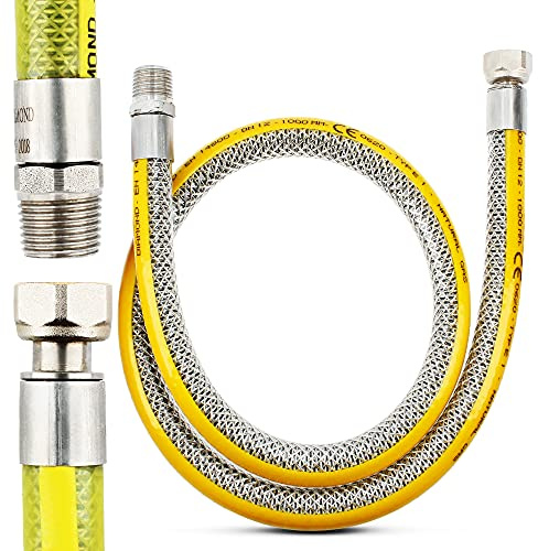 Flexibel gasslang 1 m propangassslang butangassslang med 1/2 x 1/2 tum invändig gänga-yttre gänga DN 12 tillverkad av rostfritt stål och PVC | butan propanslang EN 14800 gasanslutningsslang