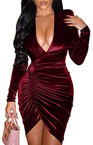 YMDUCH Women's Sexy Long Sleeve V Neck Ruched Bodycon Wrap Cocktail Club Mini Dress WineRed