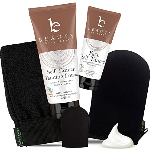 Tanning Lotion Self Tanner Kit - USA Made with Organic & Natural Ingredients, Self Tanning Lotion Face Tanner & Application Kit, Non Toxic Gradual Tan, Sunless Tan for Women & Men