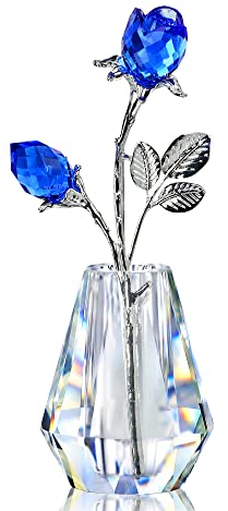 H&D HYALINE & DORA Blue Crystals Roses with Sliver Metal Stem Glass Figurine Ornament Wedding Gifts for Woman Home Party Decorations
