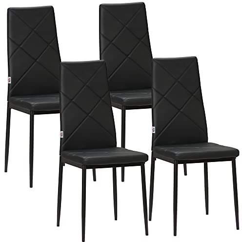 HOMCOM Esszimmerstühle 4er Set Küchenstuhl mit Rückenlehne, Kunstleder, Polsterstuhl mit Fußpolster, Wohnzimmerstuhl, Stühle mit Stahlbeine für Esstisch, Schwarz